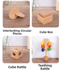 Detailed four-piece wooden baby rattle set with colorful beads for teething and sensory play
