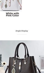 Detail view of stylish tote bags in white pink and brown monogram leather with leaf charm