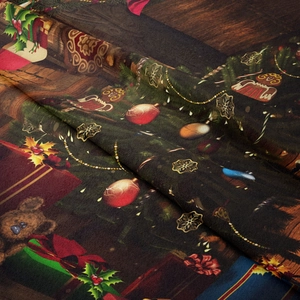 Close-up detail of soft flannel Christmas tree tapestry showing fine texture and festive print