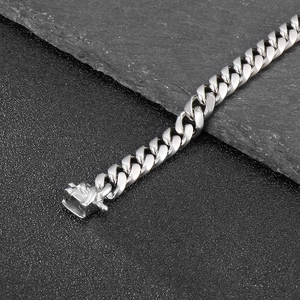 Detail of silver 8mm titanium steel Cuban chain necklace with a square buckle clasp