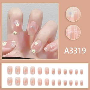 Pink gradient press-on nails set with yellow flower art and white lines, 24 pieces A3319