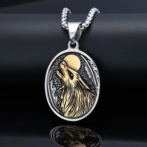 Collier avec pendentif boussole tête de loup viking en acier inoxydable bicolore et chaîne