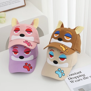 Cute cartoon puppy baseball caps for kids with plush ears in pink, purple, and brown colors