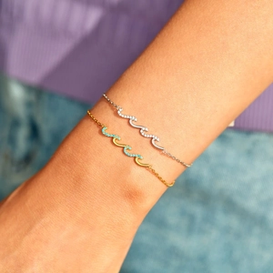 Bracelets vagues en argent sterling S925 avec pierres bleues et blanches au poignet