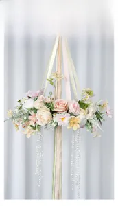 Floral hanging decoration with pink roses, ribbons and crystal bead strings for events