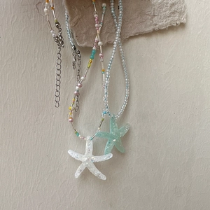 Colorful starfish beaded necklace set with glitter resin pendants for summer beach style