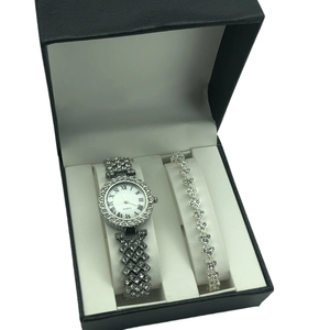 Silver quartz watch and heart-shaped diamond bracelet set in a professional black gift box