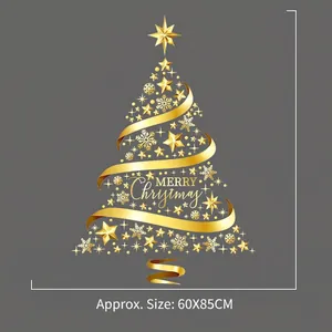 Golden Christmas tree wall decal with Merry Christmas text, snowflakes, and stars, 60x85cm