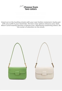 Detail view of stylish square buckle shoulder bags in green and cream minimalist leather