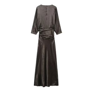Elegant long-sleeved satin dress for women in dark gray showing a back view and waist detail