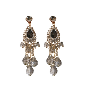 Bohemian style drop tassel earrings with black pear stones and sparkling crystals