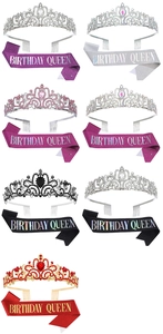 Detailed set of Birthday Queen glitter sashes and matching crystal tiaras in seven colors