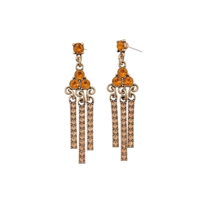 Vintage bronze triangle earrings with amber rhinestones and tassels for women