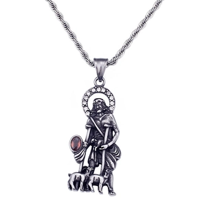 Vintage stainless steel shepherd pendant necklace with red gemstone and twisted rope chain