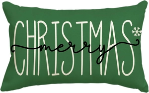 Green linen Christmas pillow cover with white Merry Christmas text and snowflake detail