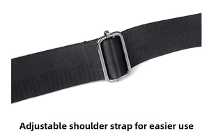 Close-up of durable nylon adjustable shoulder strap with silver metal buckle on bag