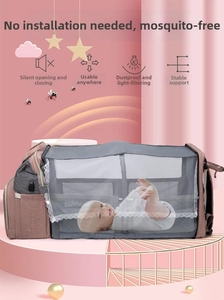 Detail view of foldable baby bed backpack with mosquito net and USB port