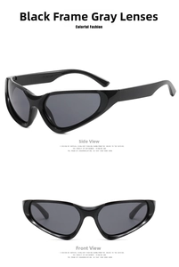 Front and side views of Y2K cat-eye sunglasses with black frames and grey lenses