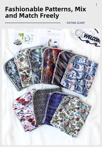 Détail de bavoirs imperméables pour adultes avec divers motifs floraux et géométriques chic