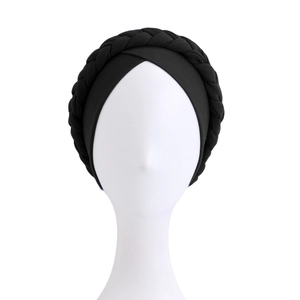 Solid black twisted braid turban headwrap made of soft stretch fabric for women
