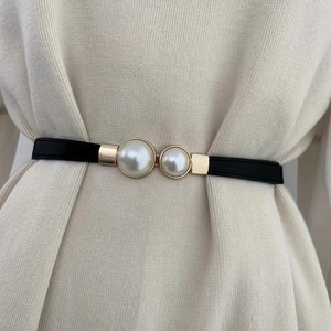 Women Elastic Waist Belt With Double Faux Artificial Pearl Buckle Thin Skinny Stretch Cinch Belt For Dresses Vintage Fashion