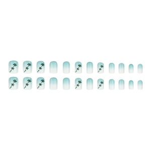 Short square press-on nails set featuring blue gradient and delicate green leaf patterns