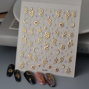 5D embossed nail art stickers with gold snake, sun and moon designs, model Co-315