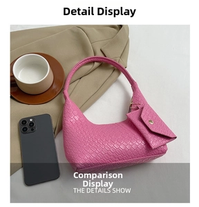 Flat lay of pink woven textured hobo bag with matching mini coin purse and accessories