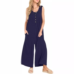Women's navy blue sleeveless ribbed knit jumpsuit with buttons and side pockets