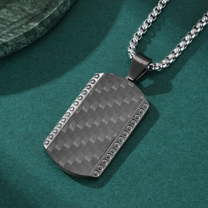 Retro titanium steel military dog tag pendant with carbon fiber inlay and silver chain