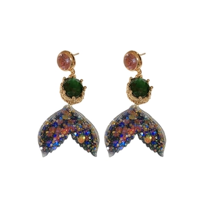 Luxurious pink and green crystal mermaid tail drop earrings with shimmering glitter accents