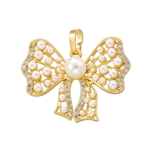 Elegant gold bow pendant featuring lustrous pearls and sparkling rhinestones for women