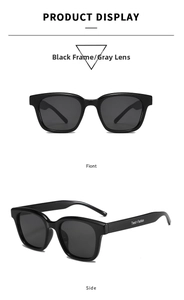 Macro detail of square black frame sunglasses with deep gray lenses and side logo