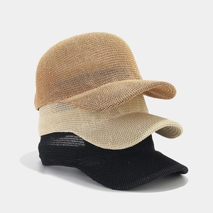 Minimalist straw knit baseball caps in caramel, beige, and black with breathable mesh texture