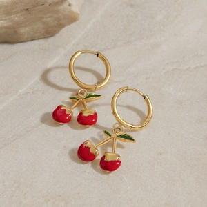 18K gold plated stainless steel cherry hoop earrings with red and green enamel details