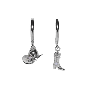 Asymmetric cowboy boot and hat drop earrings with opal stones in silver finish
