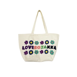 Floral embroidered cream canvas tote bag with LOVESOZAKKA text and long shoulder handles