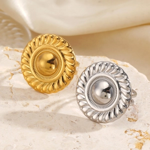 Vintage Round Disc Ring Stainless Steel Spiral Pattern Exaggerated Boho Ethnic Style Adjustable Open Ring For Women