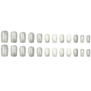 24pcs short square press-on nails in silver glitter and glossy white finishes