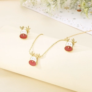 Christmas reindeer jewelry set with gold necklace and stud earrings in enamel finish