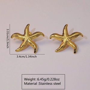 Macro detail of gold starfish earrings with textured surface and size measurement info