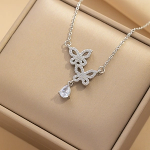 Elegant butterfly titanium steel necklace with zircon drop pendant in jewelry box