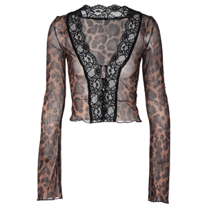 Detail of leopard print mesh top with delicate black lace trim and deep V-neckline