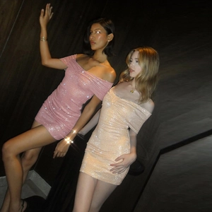 Elegant off-shoulder sequin mini dress in pink and orange for women party wear