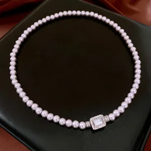 Vintage Artificial Pearl Necklace Zircon Rectangular Pendant Women Light Luxury Copper Jewelry Elegant Mother Of Artificial Pearl Chain