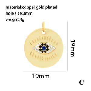 Detailed view of gold-plated evil eye pendant with blue inlay and size dimensions