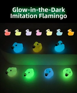 Luminous flamingo figurines showing vibrant glow-in-the-dark effects in different colors