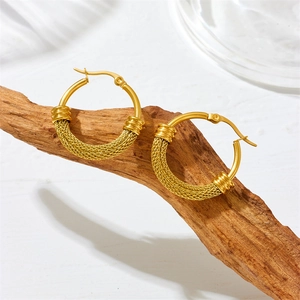 Grandes Boucles D Oreilles Créoles Plaqué Or Acier Inoxydable Texture Maillée Tissée Bijoux Géométriques Pour Femmes
