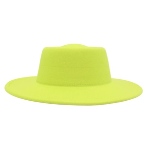 Detailed view of neon green flat top wool felt hat with wide brim and precision stitching