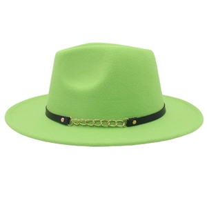 Detail of bright green felt fedora featuring black leather band and gold chain accent